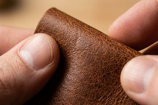 Close-up of a hand holding a brown leather wallet